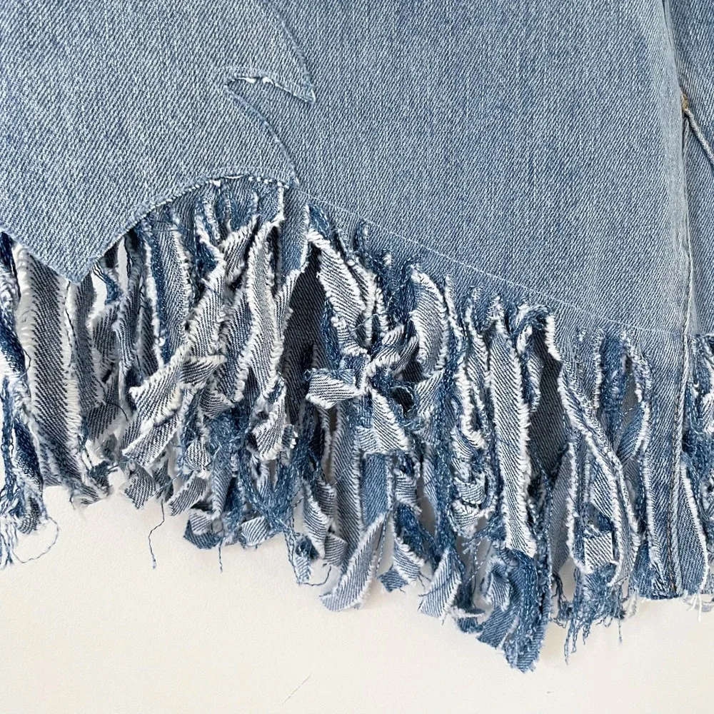 Levis Upcycled Denim Fringe Skirt XL Flame Stitch Western Cowgirl Festival